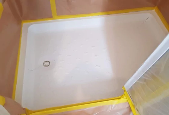 Motorhome repair services shower tray and basin protection (before repair)